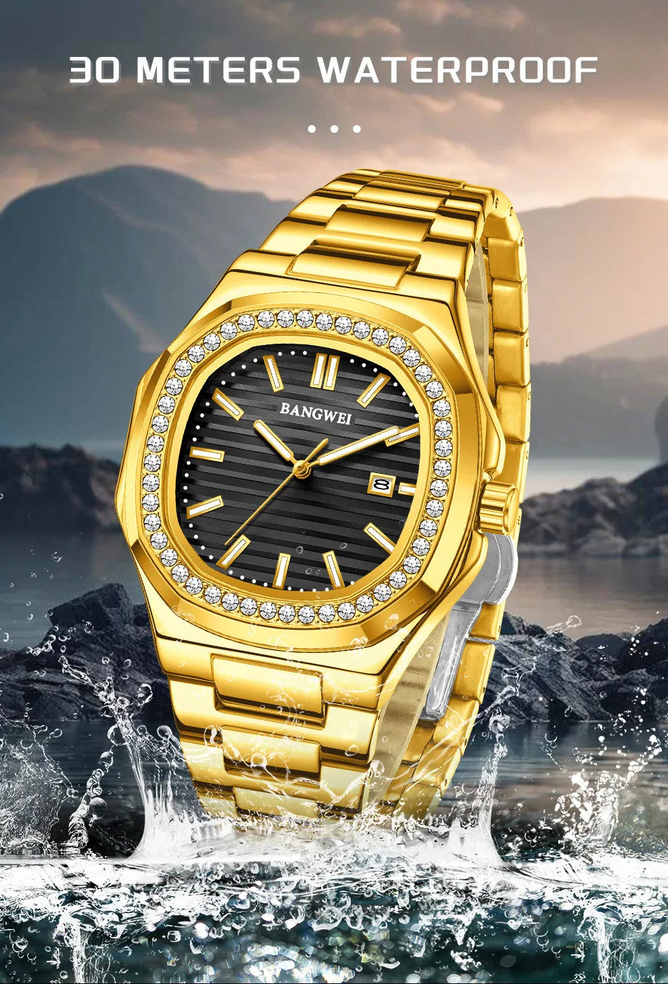 BANGWEI New Luxury Men's Business Watches Quartz Wristwatch Man Outdoor Sports Square Fashion Military Waterproof Watch For Men