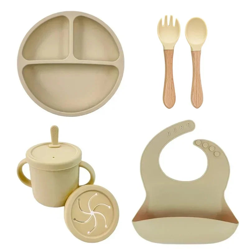 Food Grade Silicone Child Dish Set Baby Feeding Bowl Suction Plate Straw Cup Wooden Spoon Fork for Kids Tableware Toddler Dishes
