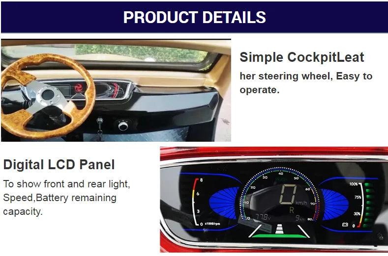 Classic Luxury Retro Electric Car for Adults 4 Wheels Low Speed Special Transportation Vehicle Long Endurance Lithium Battery