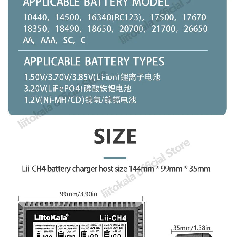 LiitoKala Lii-CH4 Smart Charger for 18650/21700/26650/AA/AAA/Ni-MH/Li-ion,1.2V/1.5V 4-Slot Fast Charge, USB-C, Auto Detect