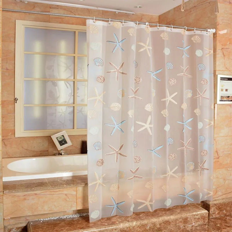 Starfish Seashell Plastic Shower Curtain Liner - Waterproof Bathroom Curtain for Bathtubs, Mildew Resistant Bath Curtain