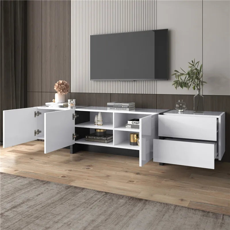 190x45x35cm High-Gloss White & Black TV Stand, Low Cabinet with Doors (Built-in Shelves) & Drawers, Contrast Black Legs Minimali
