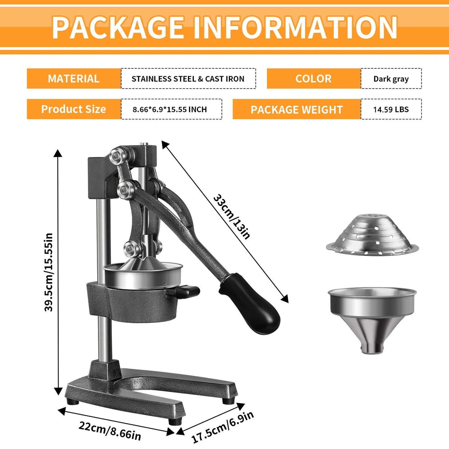 Manual Fruit Juicer 9cm Large Diameter Orange Juice Squeezer Heavy Duty Cast Iron Lemon Squeezer For Orange Lemon Pomegranate