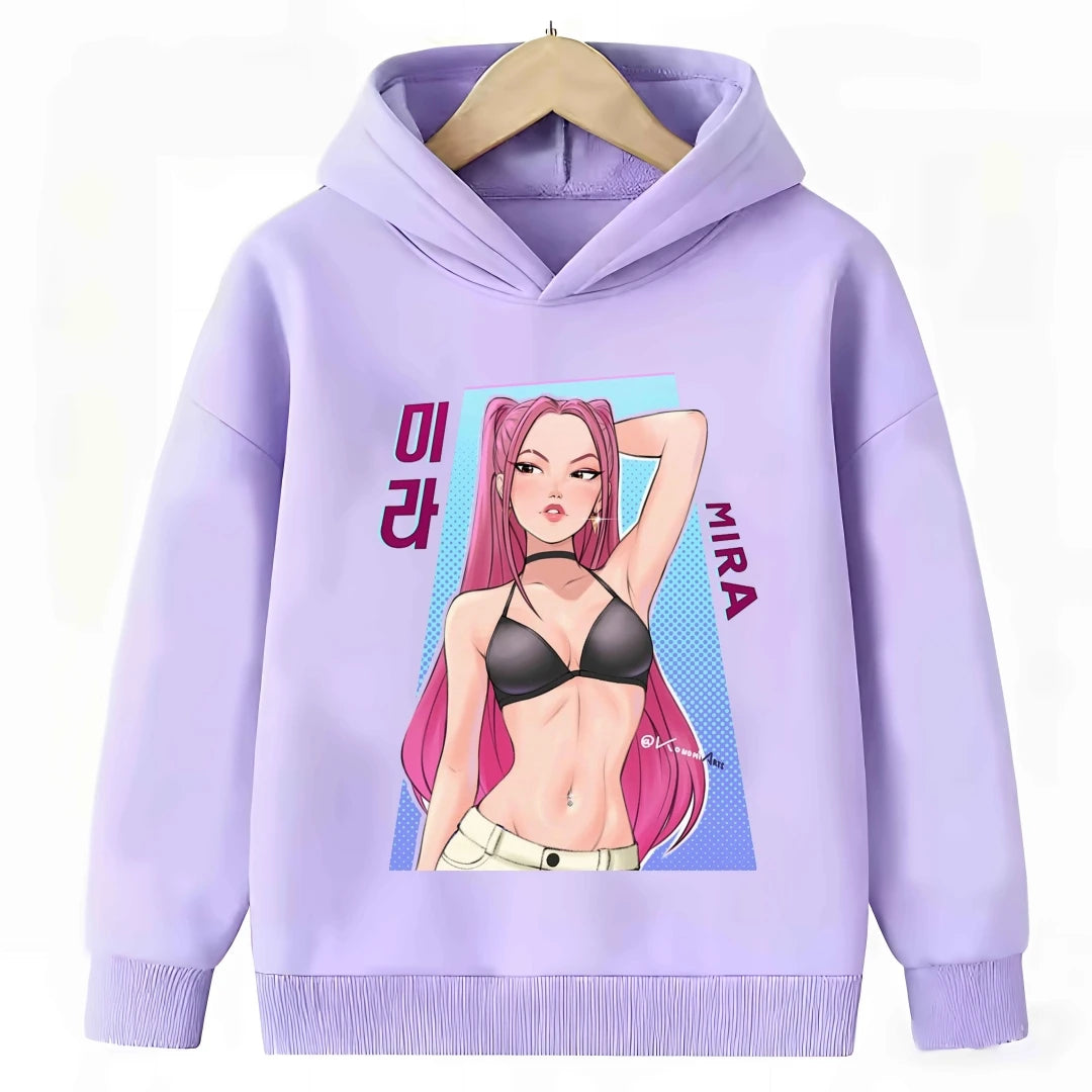 2026 New Kpop Demon Hunter Cartoon Hoodie Kids Boys Girls Purple Warm Casual Loose Sweatshirt Children Fashion Streetwear Tops