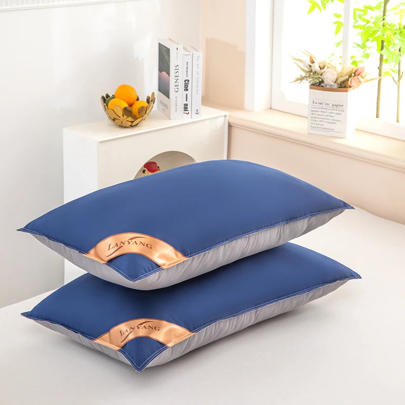 Luxurious high-quality double seam blue gray 2-color splicing pillow, high rebound5star hotel pillow, home bedroom sleep pillow