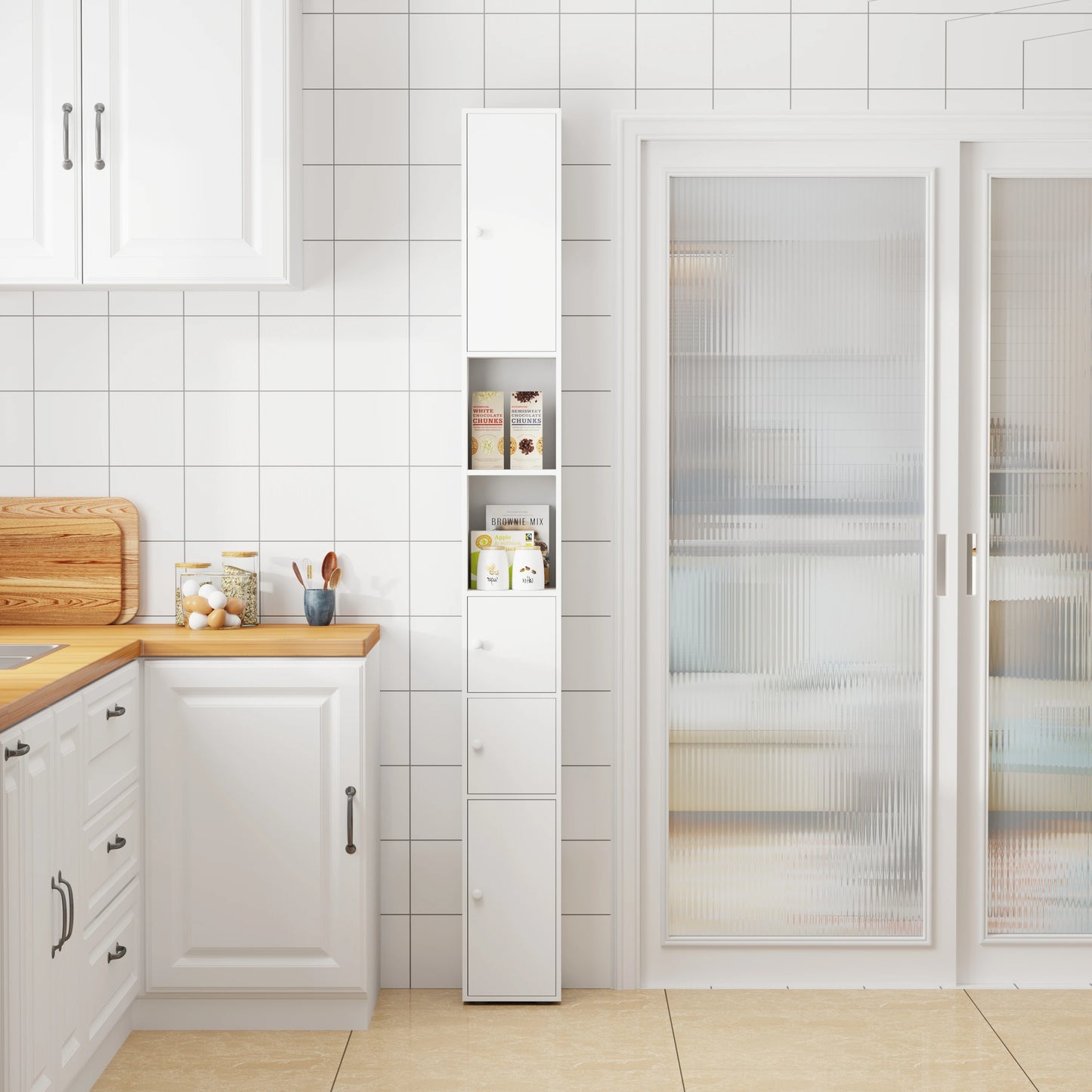 BonChoice Tall&Slim Bathroom Cabinet with 4 Doors&2 Open Shelves, Slim Bathroom Storage Cabinet Unit Narrow Cupboard