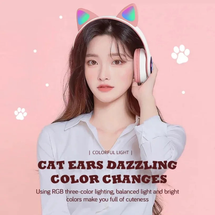 Bluetooth 5.0 Stereo With Mic Flash Lamp Cute Cat Ears Headphone Support TF Card Wireless Kids Girl Earphone Birthday Gift
