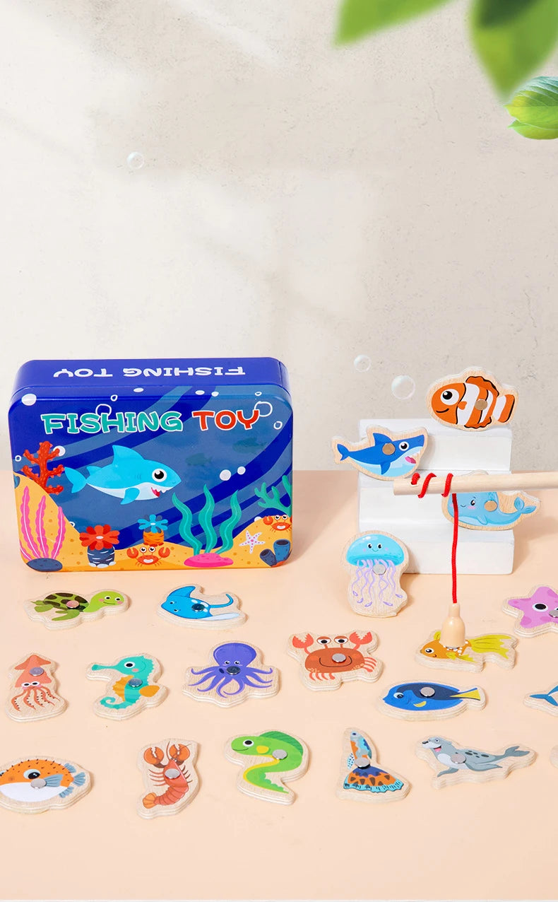 Wooden Magnetic Fishing Toys for Children Marine Life Cognition Fish Games Baby Early Educational Parent-child Interactive Toy