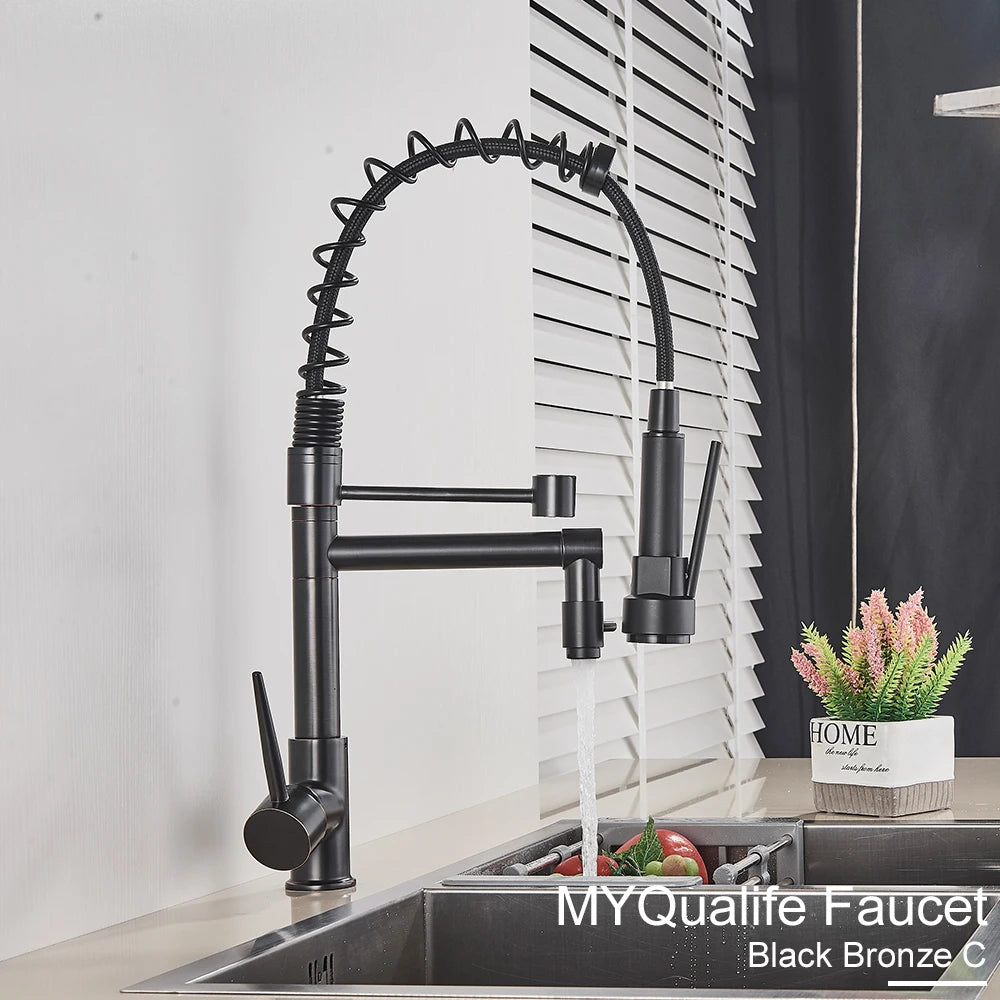 Black Pull Down Brass Kitchen Sink Faucet Hot Cold Water Mixer Crane Tap with Dual Spout 360 Rotation High Faucet Deck Mounted