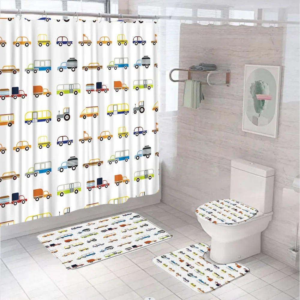 Cartoon Car Bathroom Decor Set Teens Transportation Car Shower Curtain for Kid Boy Girl Truck Bus Taxi Bath Mat Rug Toilet Cover