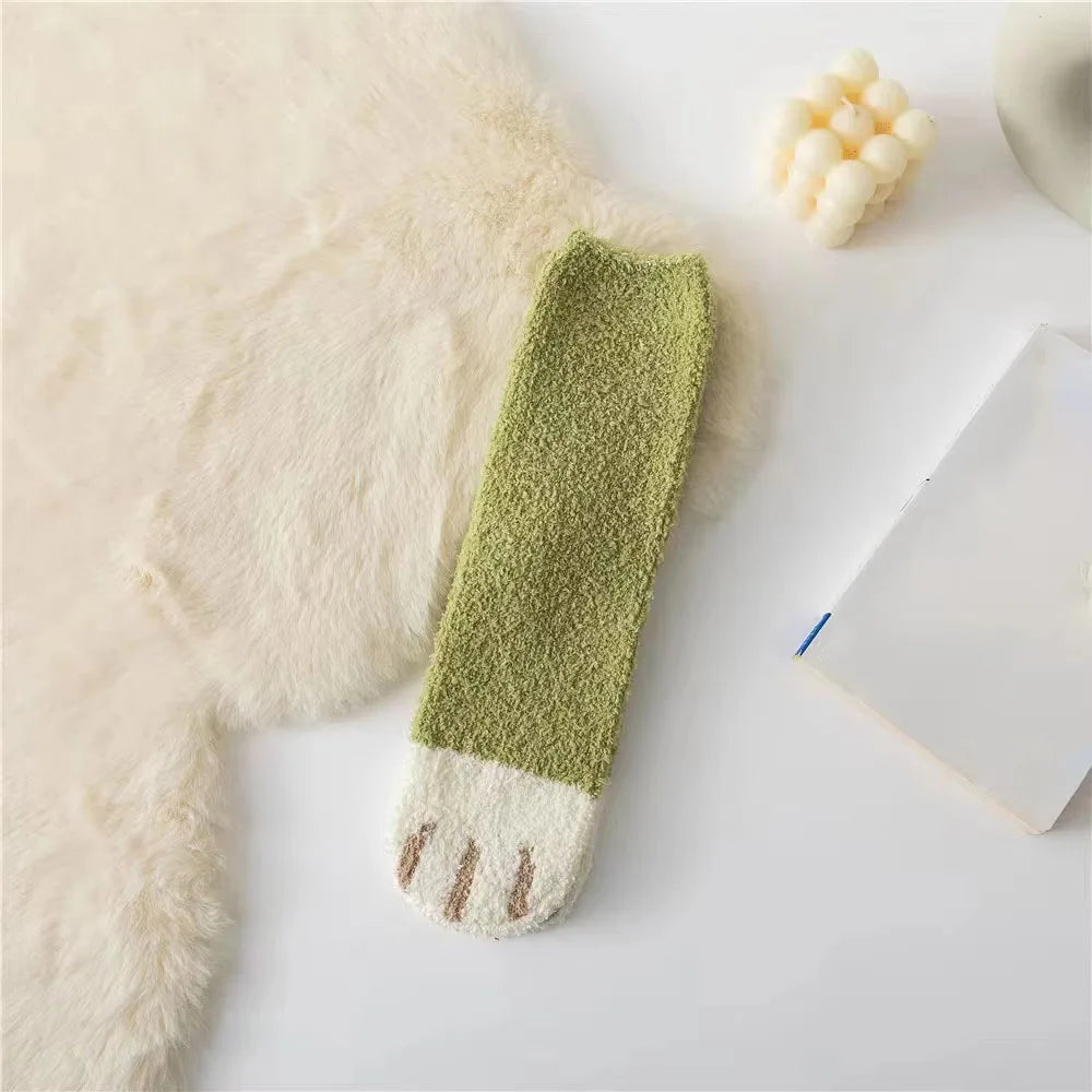 Autumn Winter Coral Velvet Socks Cute Cat Claw Socks For Women Children Girls Middle Tube Thickened Sleep Socks Home Floor Socks
