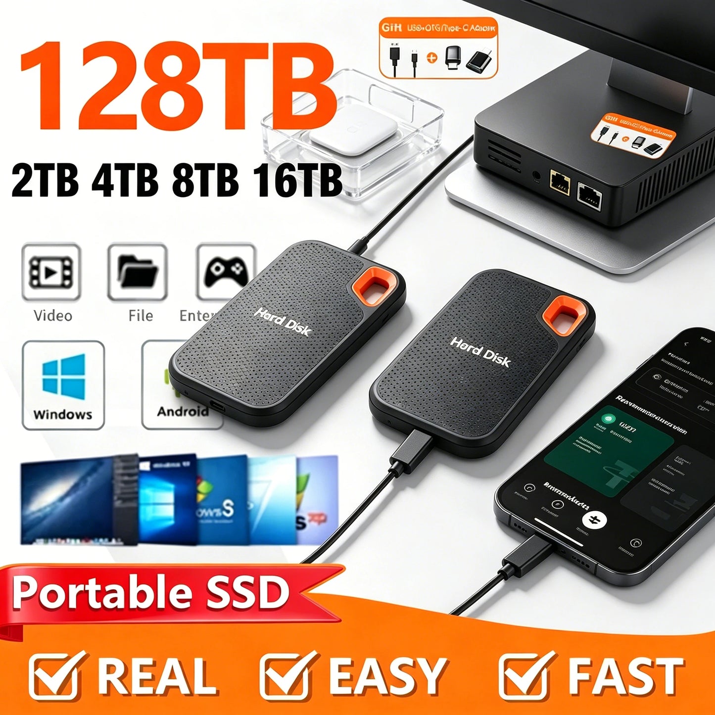 Slim Portable External SSD 128TB Hard Disk High Speed 4TB for Notebook Computer Reliable Storage Devices in 1TB and 16TB Sizes