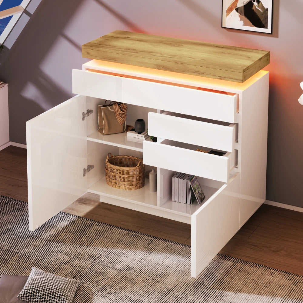 PINGGO Chest of Drawers,High-gloss Sideboard Cabinet with 2 Doors and 3 Drawers,Storage with RGB LED,115 x 110 x 39 cm, White