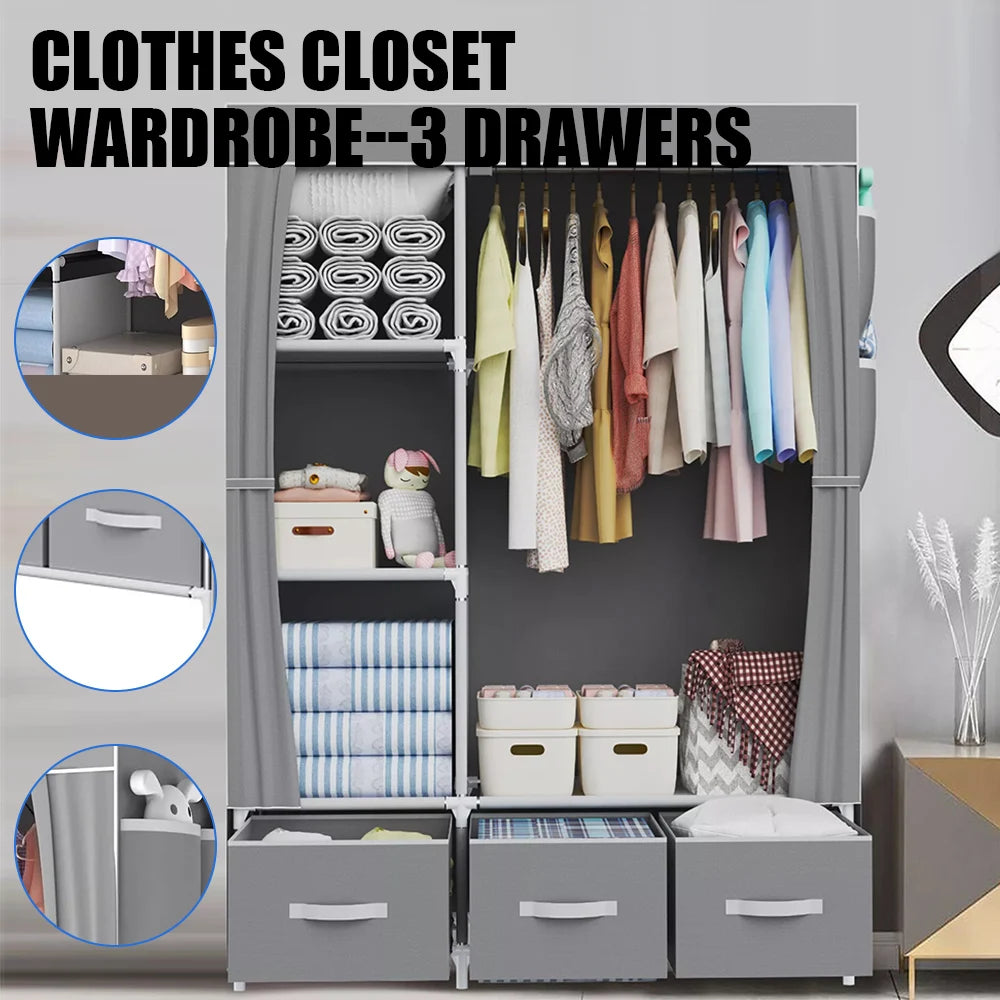 Canvas Wardrobe Clothes Closet Organizer Portable Storage Cupboard for Bedroom 105*45*163cm Fabric Closet