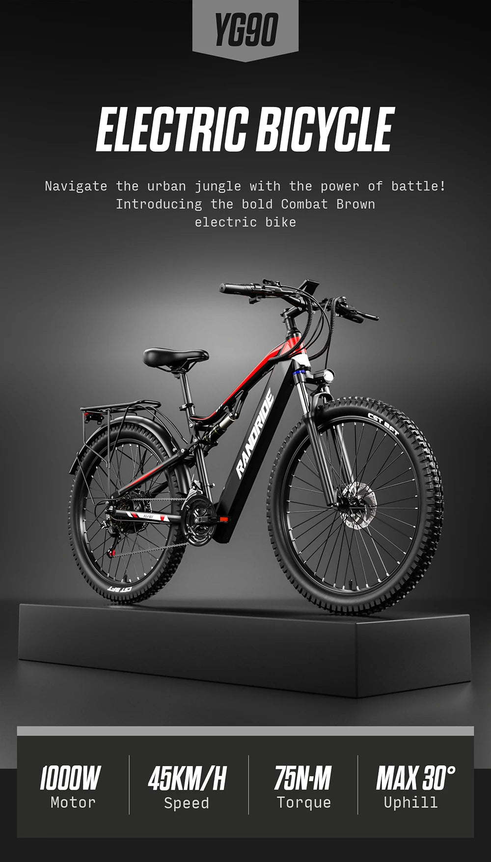 RANDRIDE Electric Bike YG90 48V 17Ah Battery 1000W Motor 27.5" Mountain Bicycle Full Suspension With Hydraulic Brake 21 Speeds