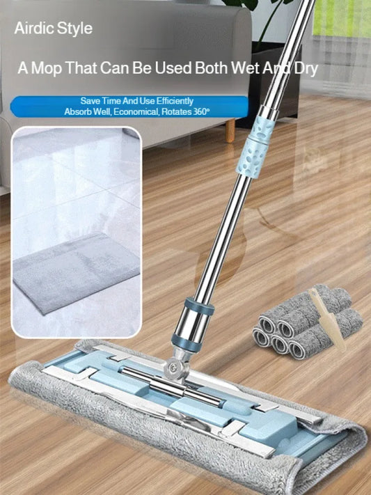 Lazymen Steel Clamp Flat Mop No Hand Wash Needed Floor Cleaning Tool Home Use Stainless Steel Pole Fine Fiber Cloth Dust Pusher