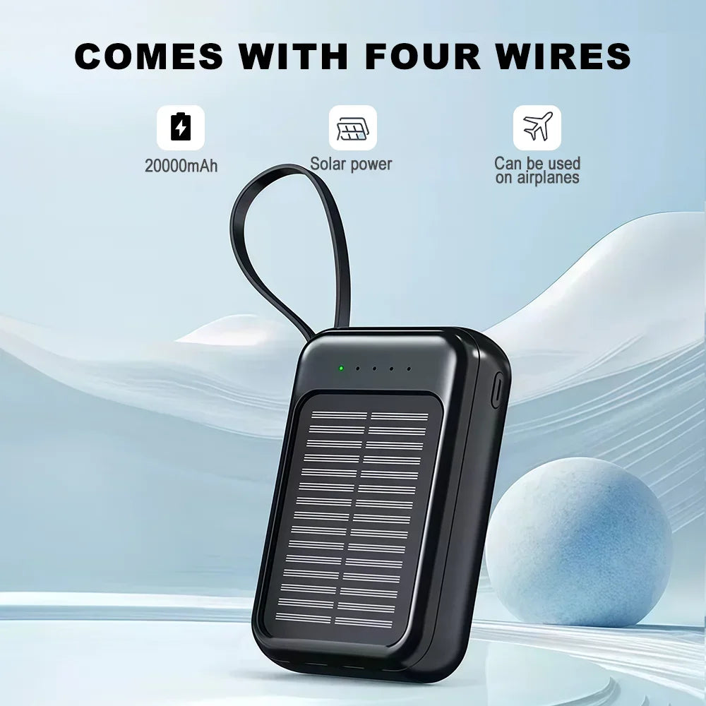 20000mAh Portable Solar Power Bank Built in 4 Cables External Battery Pack  Mini Powerbank  with LED Light for Cell Phones