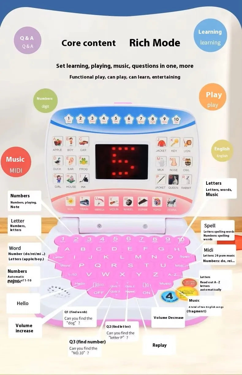 Mini Simulated Laptop Early Education Machine LED Display Learning Device Music Children's Toy