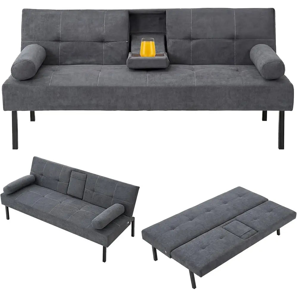 3-Seater Fabric Sofa Bed with Reclining Armrests and Grey Cup Holders