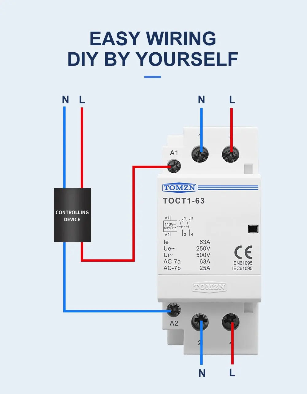 TOMZN TOCT1-63 2P 63A AC 110V/120V 220V/230V 50/60Hz Din Rail Household AC Modular Contactor 2NO/1NO1NC/2NC