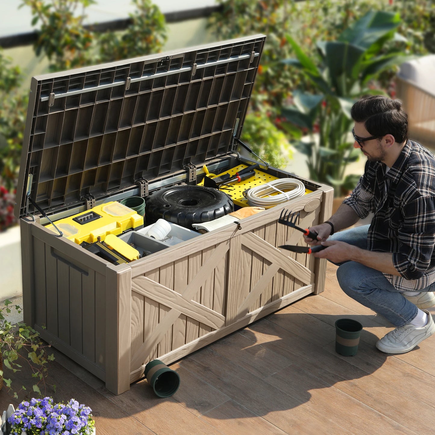 450L X-Front Resin Deck Box, Waterproof Lockable Outdoor Storage Bench for Patio Cushions & Garden Tools