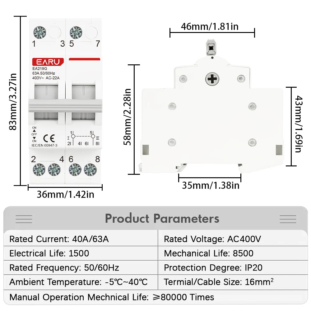 Din Rail 2P 40A 63A AC400V 50/60Hz Modular MTS Dual Power Manual Transfer Switch Isolating Discounnecting Switch Circuit Breaker