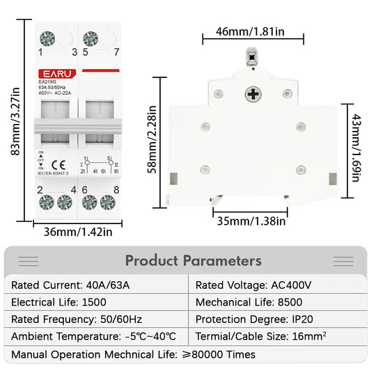 Din Rail 2P 40A 63A AC400V 50/60Hz Modular MTS Dual Power Manual Transfer Switch Isolating Discounnecting Switch Circuit Breaker