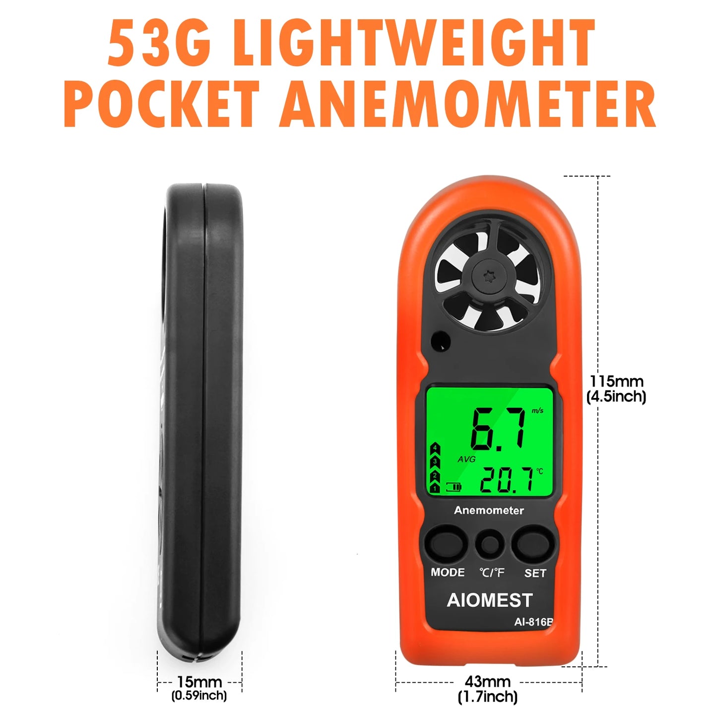 Mini Pocket Anemometer HP-816B, Wind Speed Meter 0-30m/s Current/Average/Max with Temp Backlit LCD for Drone Shooting Outdoor