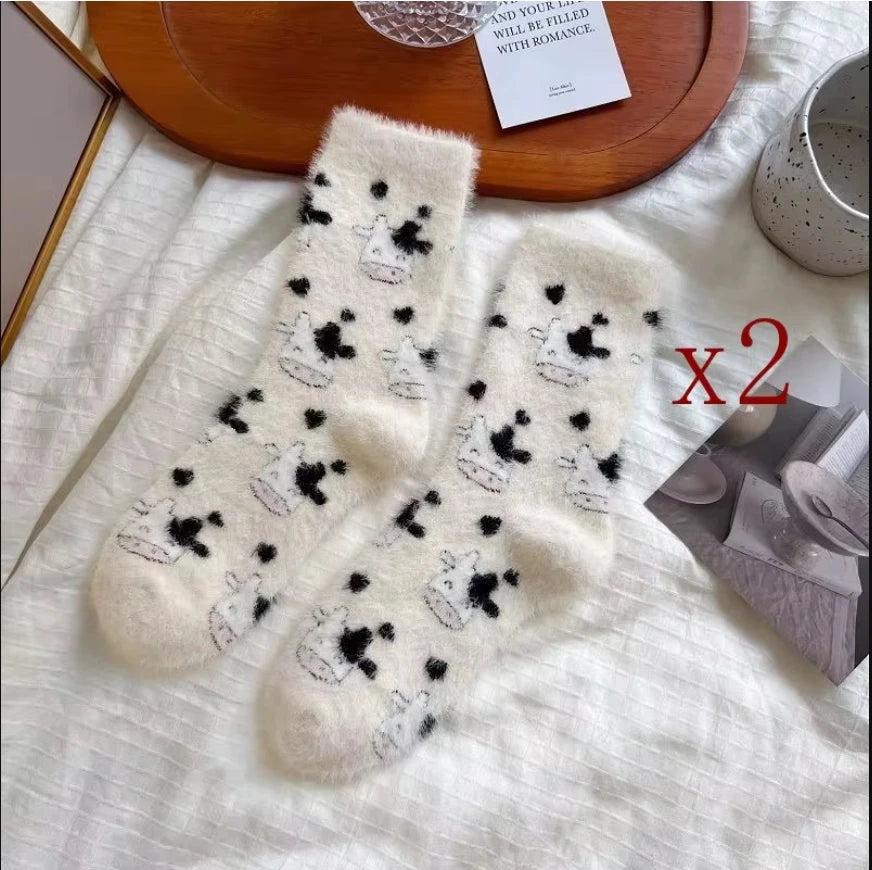2 Pairs Cute Cow Spots Print Socks, Thickened & Warm Coral Fleece Socks, Women's Stockings & Hosiery