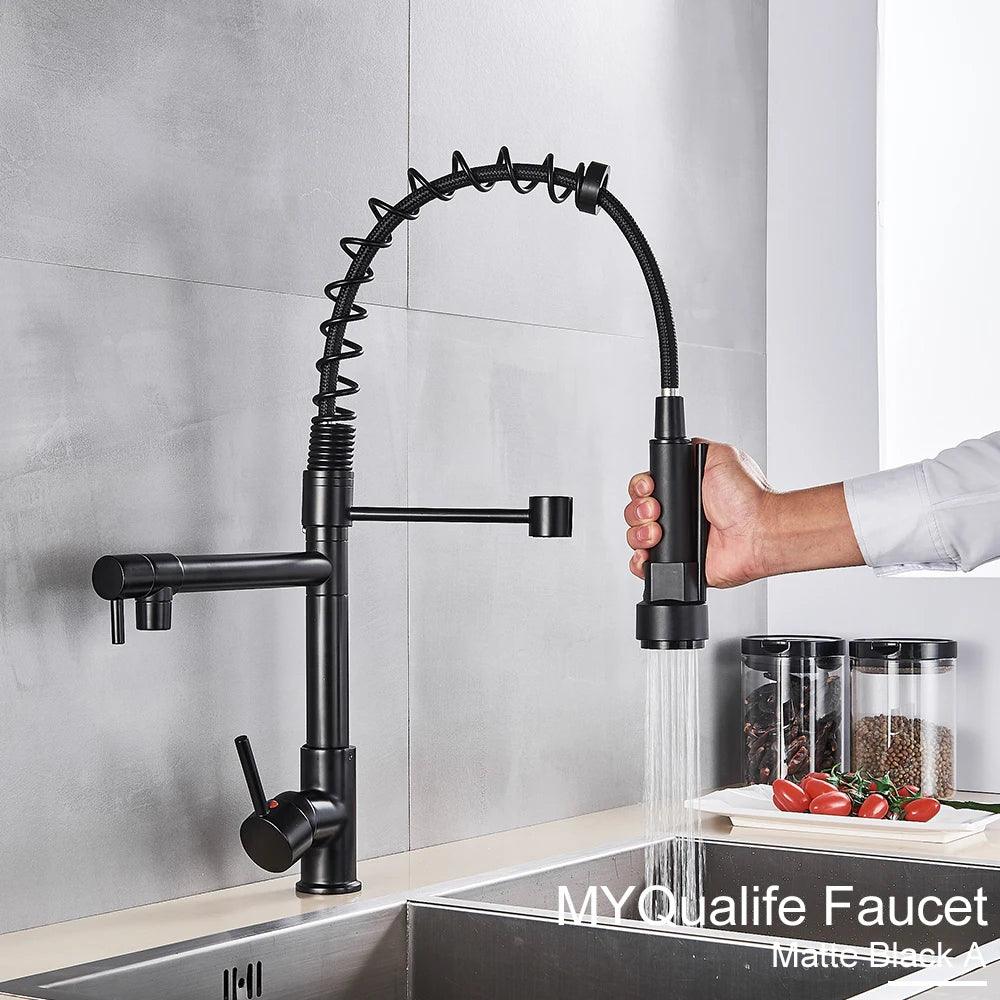 Black Pull Down Brass Kitchen Sink Faucet Hot Cold Water Mixer Crane Tap with Dual Spout 360 Rotation High Faucet Deck Mounted