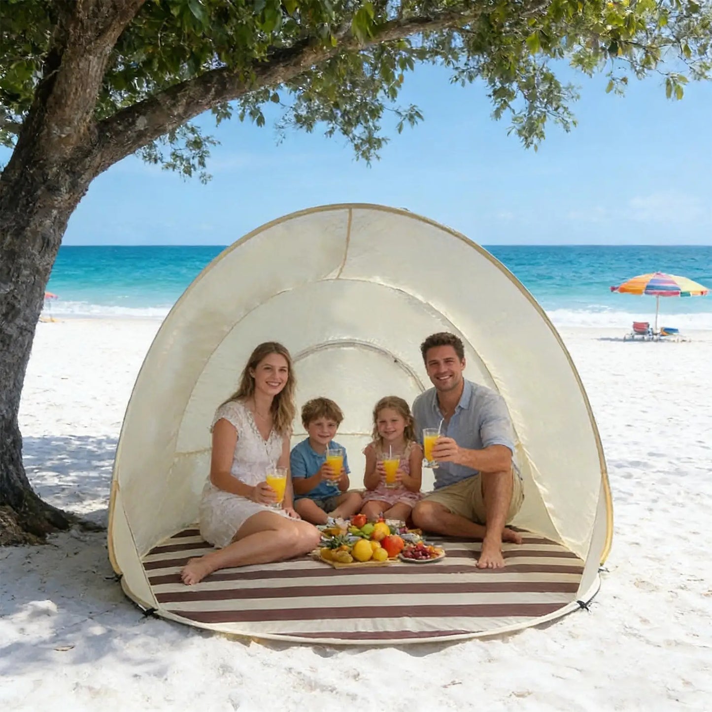 Beach Tent 3/4 Person Easy Pop Camping Canopy Beach Shelter with Ventilating Mesh Window for Outdoor Camping Picnic Garden