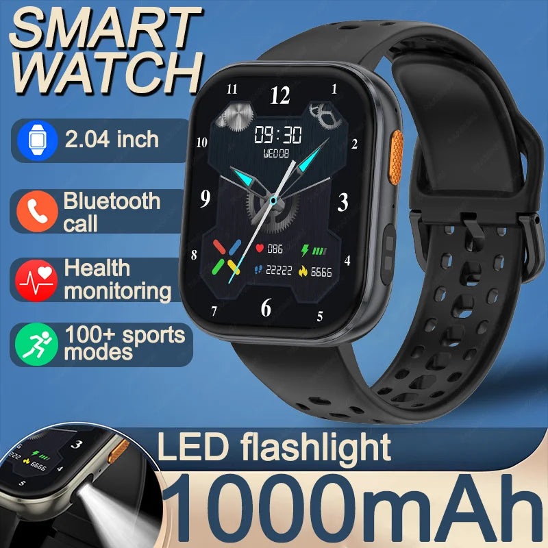 Outdoor New 1000mAh SmartWatch 2.04"HD Screen Smartwatch LED Flashlight 100+sports mode BT Call Waterproof SmartWatches Men Wome