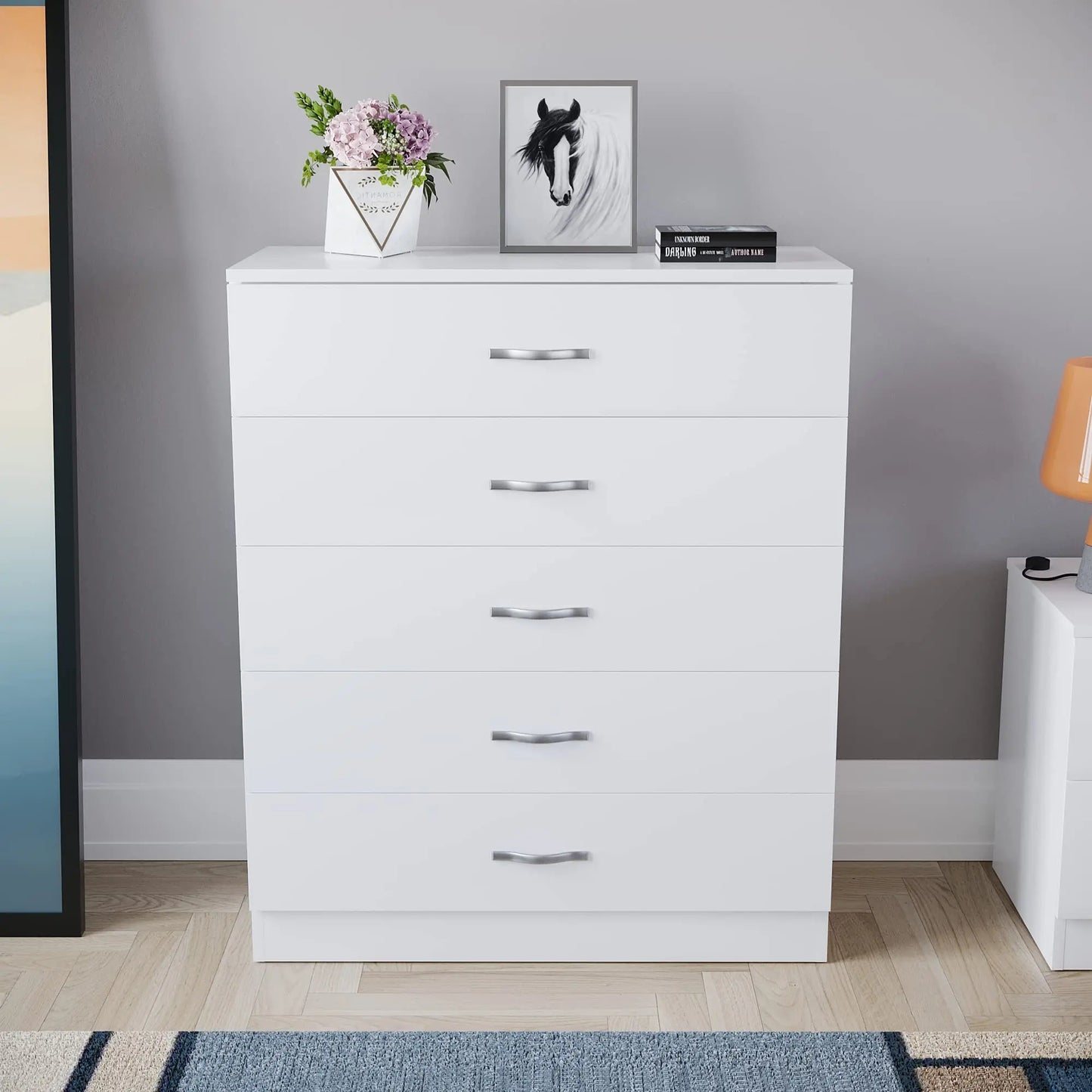 5 Drawer Chest White, Wood Storage Cabinet Dresser for Bedroom, Hallway, Closet Organizer, Modern Furniture (75x36x90cm)