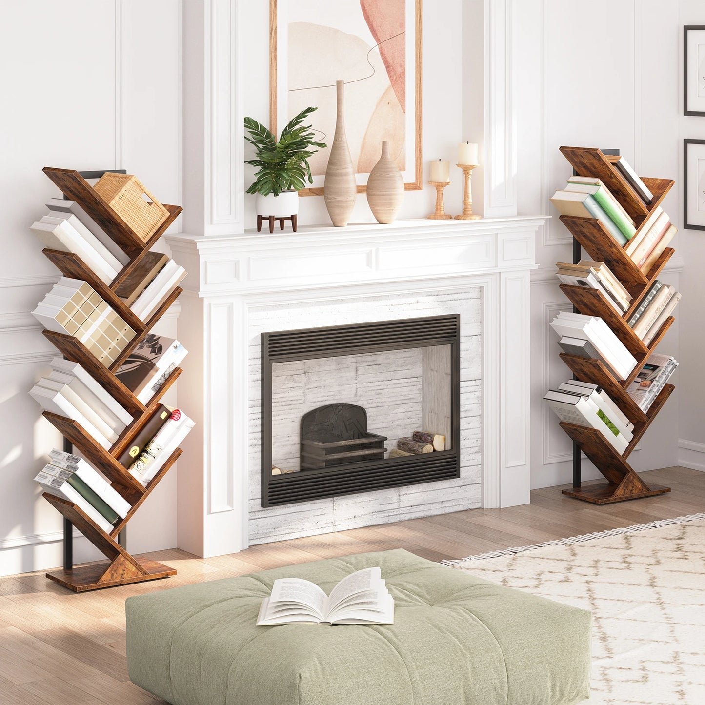 Tree Bookshelf Tall, 9-Tier Floor Standing Book Shelf, Tall Bookcase for CDs Albums, for Living Room, Rustic Brown and Black