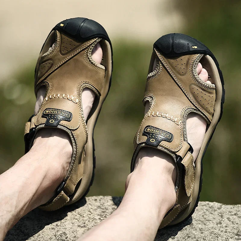Summer Sandals Leather Outdoor Men Beach Shoes Luxury Breathable Casual Sandal Man Wading Shoes Non-slip Wide lining Slippers