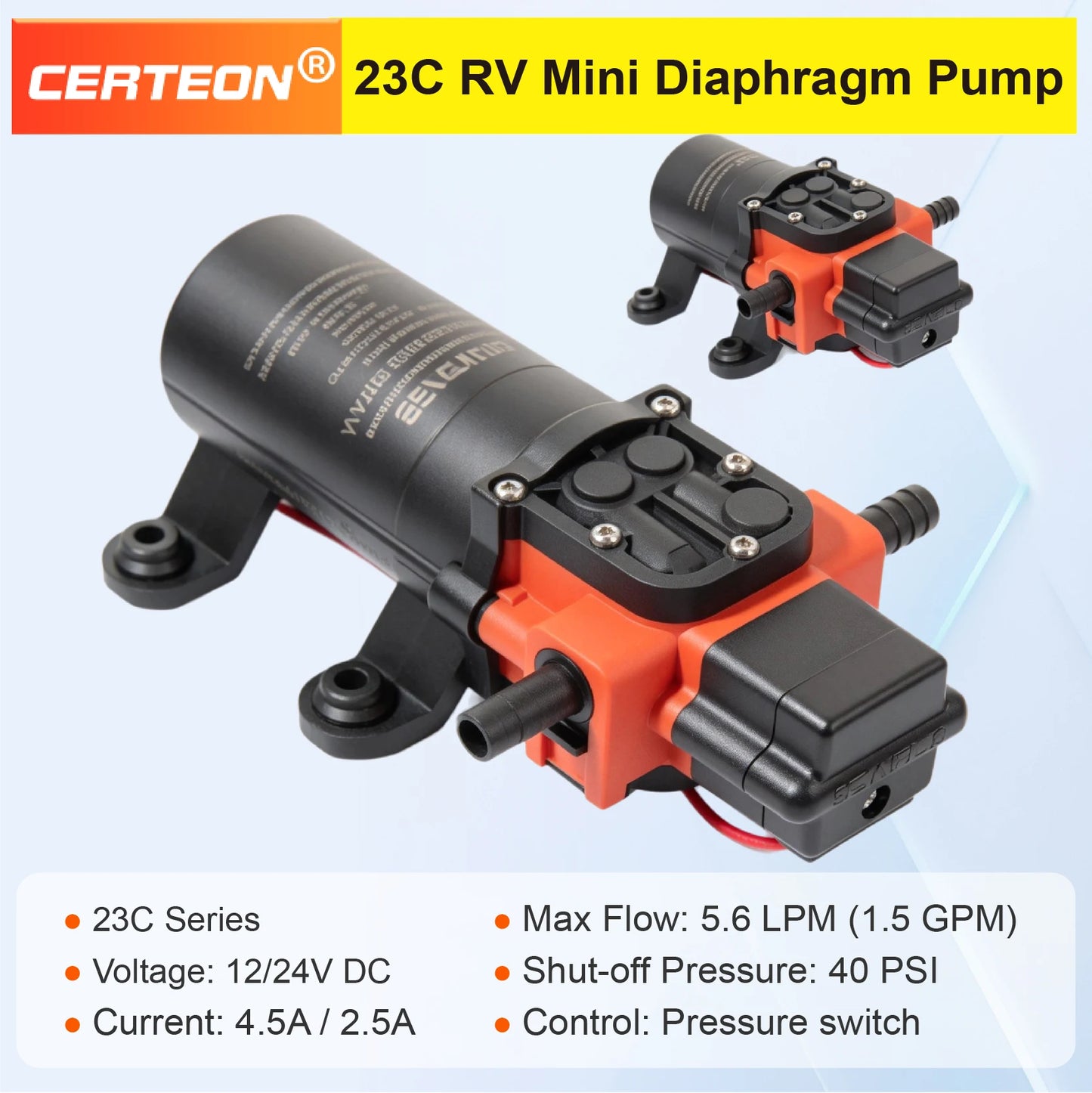 23C DC 12V/24V Micro Diaphragm Pump Self Priming Water Pump 5.6LPM 1.56A/0.78A High Pressure RV Marine Booster Pump