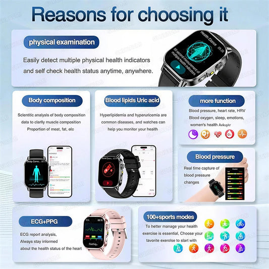 2026 New Accurate Diagnosis Smart Watch ECG Blood oxygen BP Uric acid Lipids Health HD AMOLED Screen call Smart watch Men Women