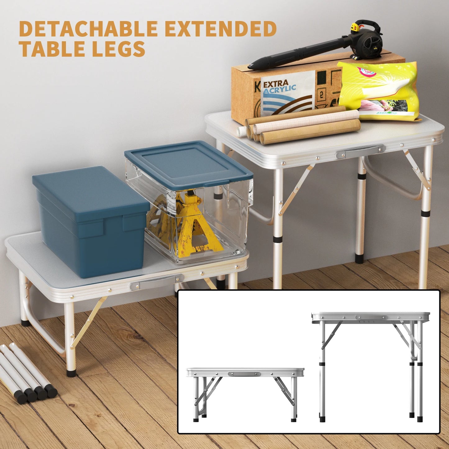 Folding Table 2FT, Portable Adjustable Height Camping Table, For Indoor Outdoor Garden Picnic Dinning BBQ, 60x 45x26/56cm, White