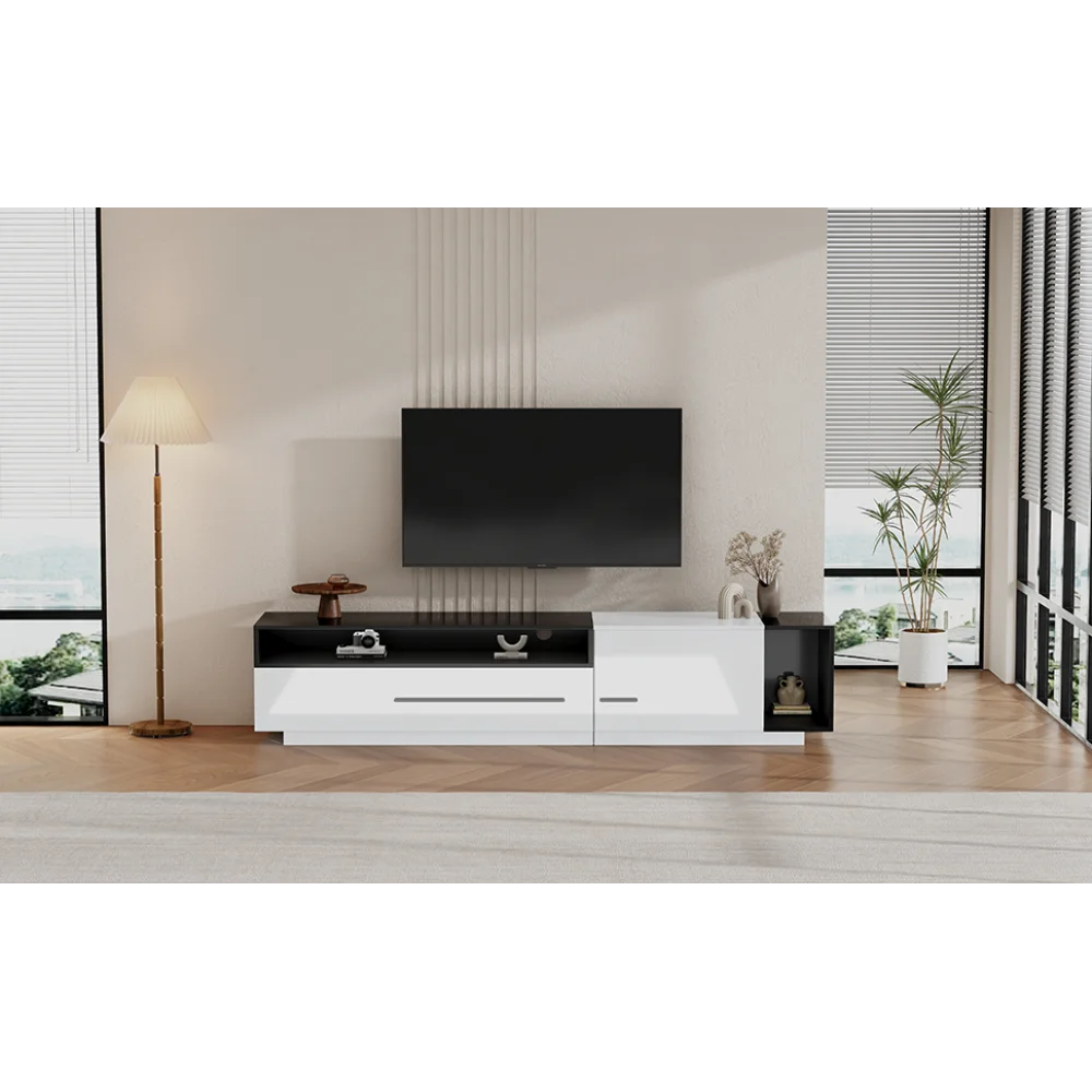 PINGGO 70 Inch High Gloss TV Stand, Entertainment Center for 60 to 70 Inch TVs with 2 Closed Storage Spaces,Living Room TV Stand
