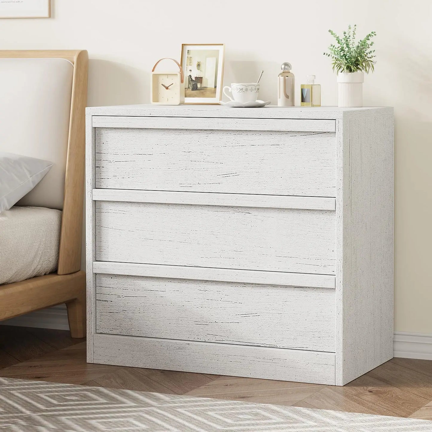 3 Drawer Dresser for Bedroom, White Nightstand 3 Chest of Drawers with Large Storage, Small Modern Bedside End Table