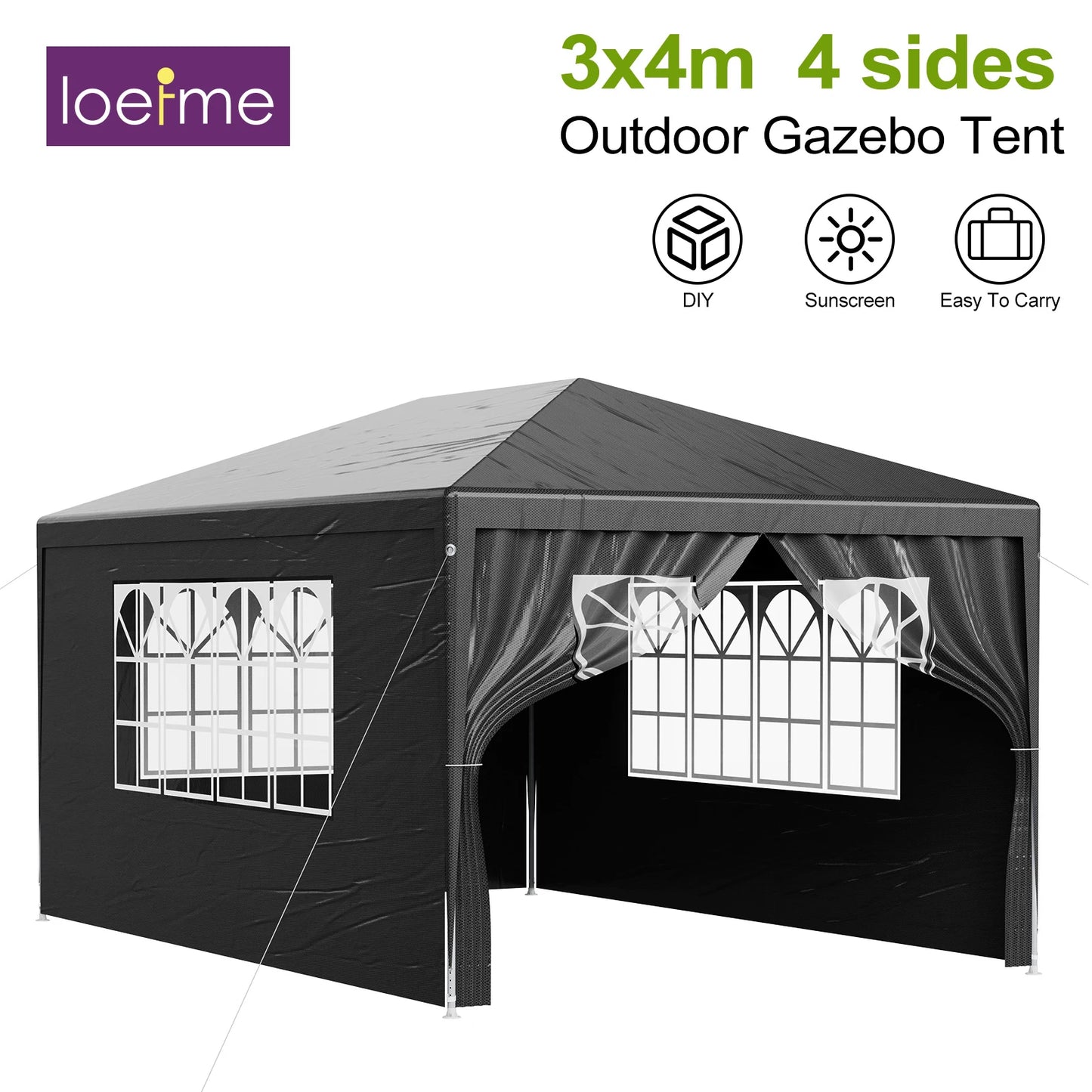 LOEFME 3x4M 3x3M Gazebo Canopy Tent Waterproof Windproof UV Sun Shelter with Removable 4 Sidewalls Outdoor Garden Camping Awning
