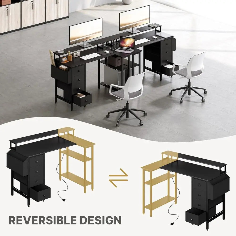 120x70cm L-Shaped Computer Desk with Power Outlets, Monitor Stand and Reversible Shelves, Black