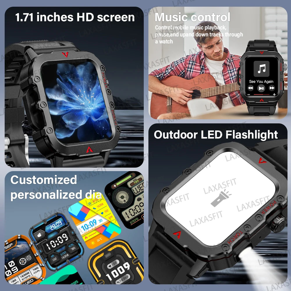 LAXASFIT 2026 New Men's Smart Watch Outdoor Sports Watch 1.85 Inch Voice Assistant Bluetooth Call LED Flashlight Smartwatch