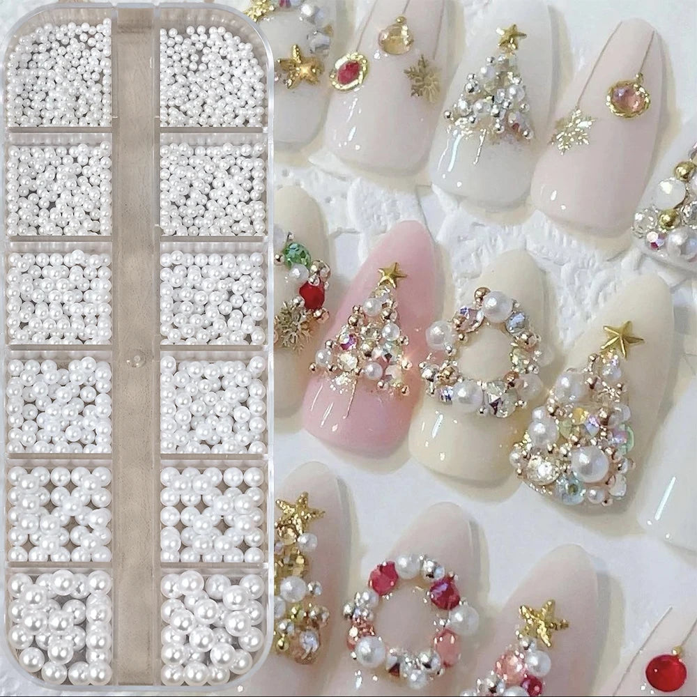 12Grid Shiny Silver Half Round Metal Caviar Bead Nail Rivets Charms 2/3/4/5/6/8mm Flatback Pearl Balls Nail Art Studs Y2k Decora