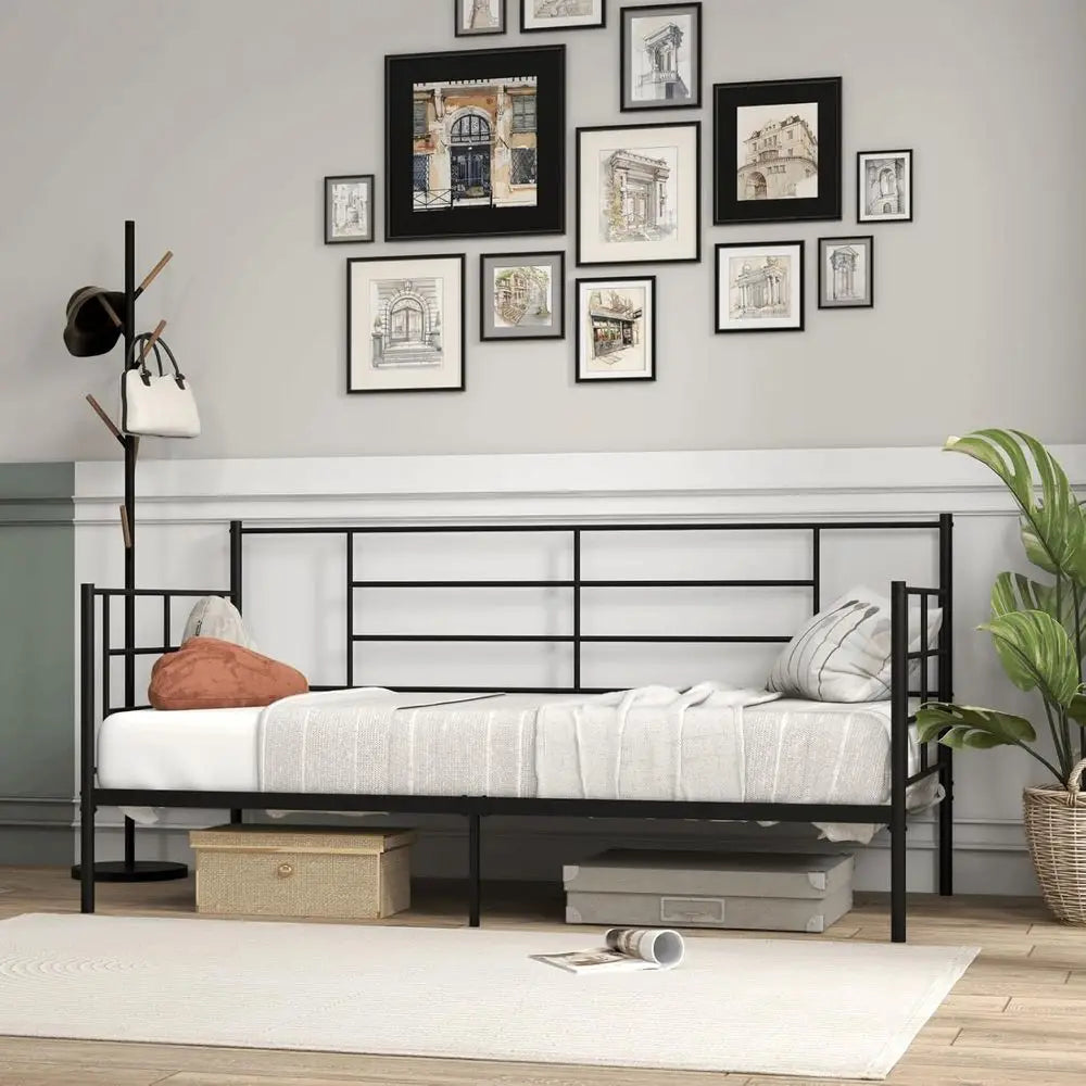 Single Day Bed with Metal Frame, 28cm Underbed Storage, Slat Support, Black Mattress Platform, 90x190cm Mattress for Living Room