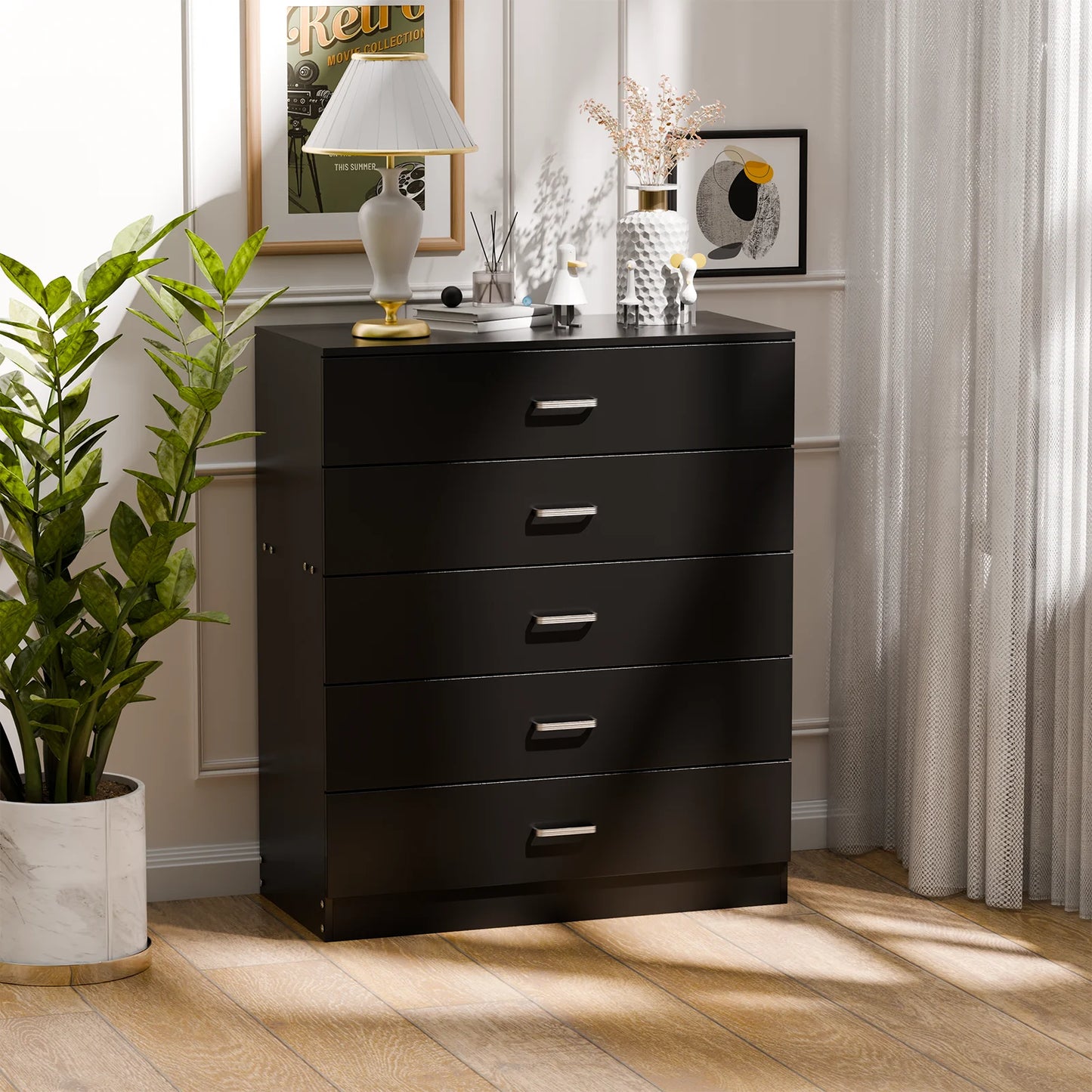 5 Drawer Chest White, Wood Storage Cabinet Dresser for Bedroom, Hallway, Closet Organizer, Modern Furniture (75x36x90cm)