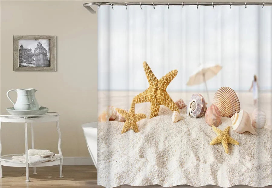 Bath Curtain Sea Beach Shell Starfish Shower Curtains 180*180cm Waterproof Bathroom Home Washable Fabric Bath Screen 12 Hooks