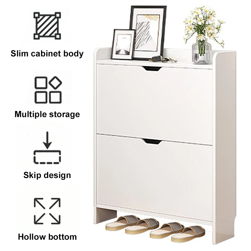 2-Tier Wooden Entrance Shoe Cabinet with Flip Drawers Shoe Organizer Cabinet Space Saving Free-Standing Shoe Cabinet for Hallway