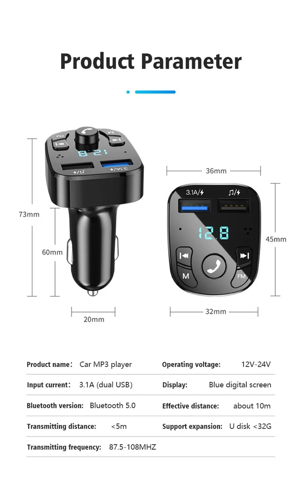 3.1A FM Transmitter Wireless Bluetooth 5.0 Car MP3 Player Dual USB Fast Charging Adapter  in Car Noise Reduction Audio Receiver
