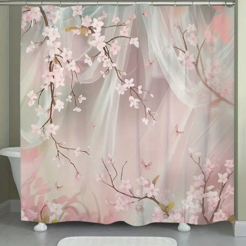 1pc Cherry Blossom and Butterfly Polyester Shower Curtain - Floral Print Bathroom Decor with Hooks, Machine Washable